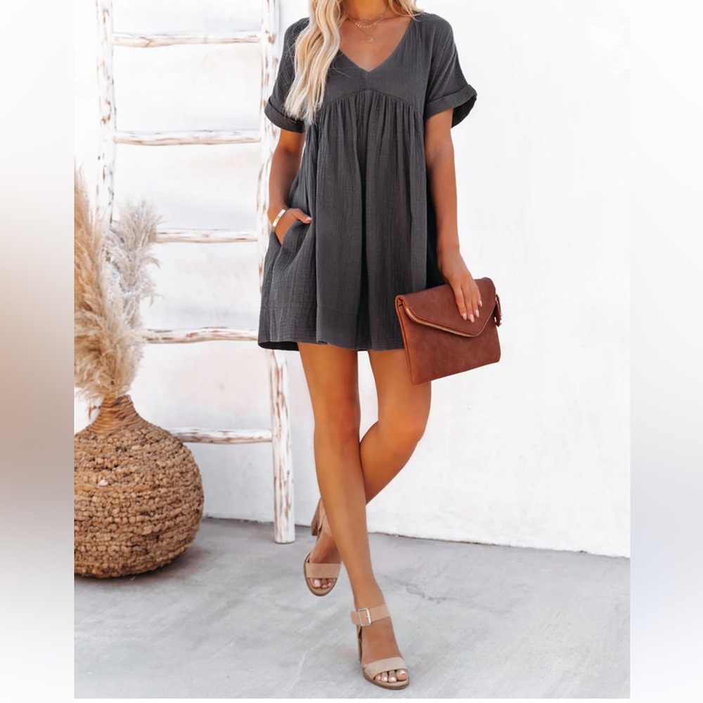 NEW Gray Roll Up Short Sleeve V Neck Babydoll Mini Dress 90’s M(US 8-10) NWOT